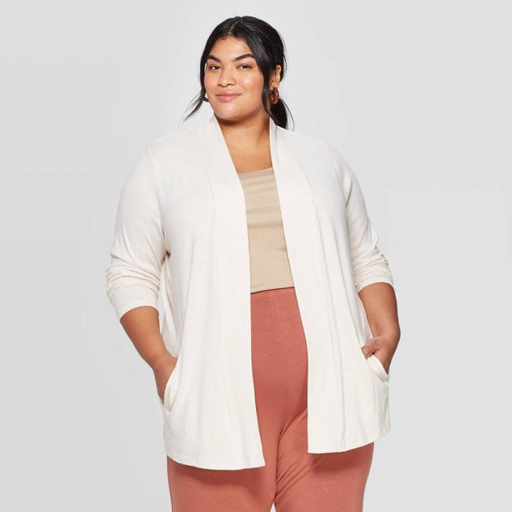Women's Plus Size Long Sleeve Collared Open Layering Cardigan - Ava & Viv Beige