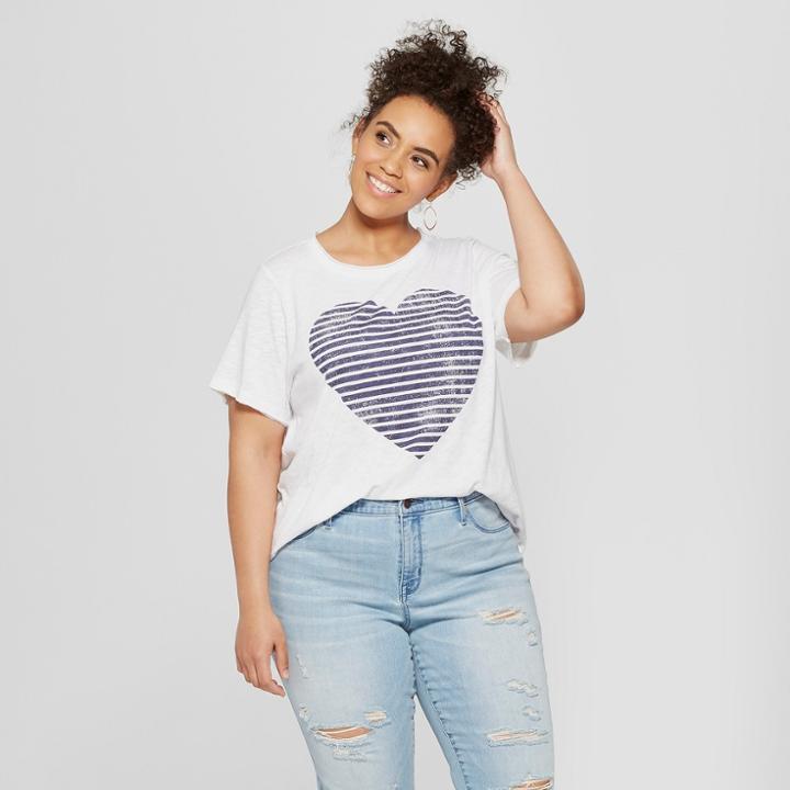 Women's Plus Size Heart Stripe Short Sleeve Boyfriend T-shirt - Grayson Threads (juniors') White