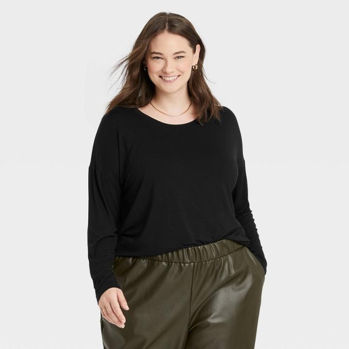 Women's Plus Size Long Sleeve Rayon Span T-shirt - A New Day Black