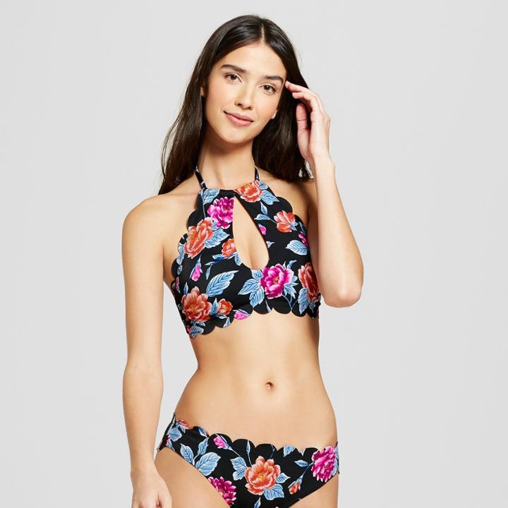 Vanilla Beach Women's Scallop Keyhole High Neck Bikini Top - Black Floral