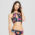 Vanilla Beach Women's Scallop Keyhole High Neck Bikini Top - Black Floral