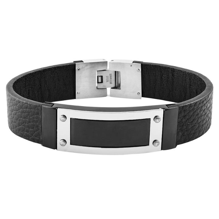 Men's Crucible Stainless Steel Framed Id Black Leather Bracelet, Black/silver