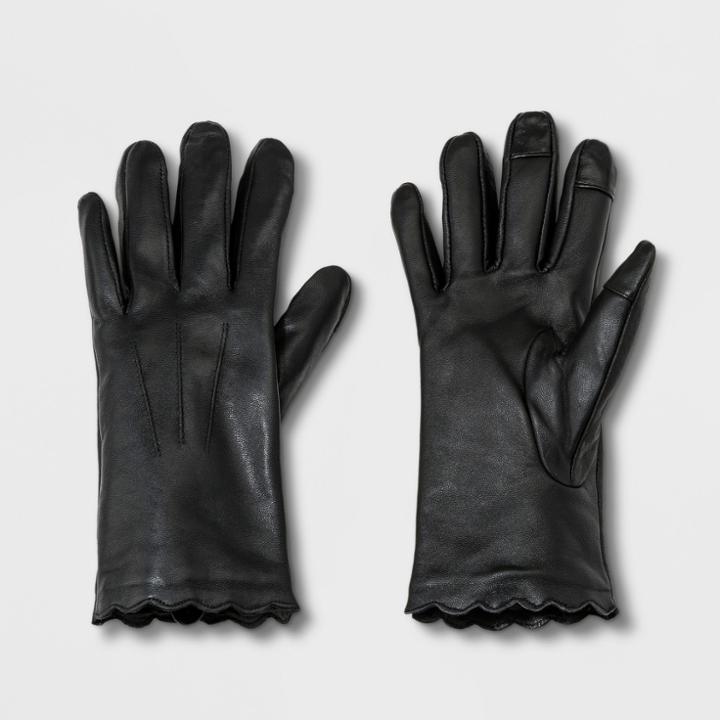 Women's Striped Leather Scallops Gloves - A New Day Black