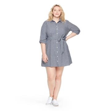 Women's Plus Size Gingham Long Sleeve Shirtdress - Navy/white 3x - Vineyard Vines For Target, Blue