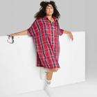 Women's Plus Size Ascot + Hart Short Sleeve Graphic Woven Plaid Dress - Red