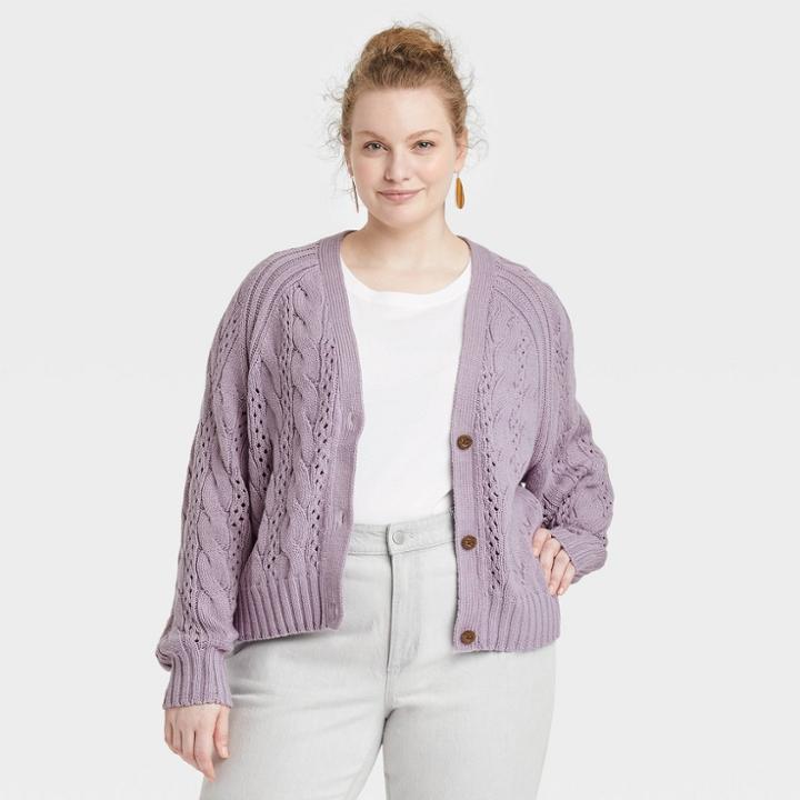 Women's Plus Size Button-front Cable Stitch Cardigan - Universal Thread Lilac