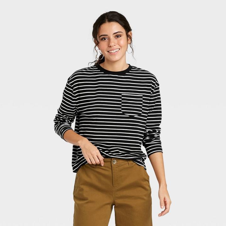Women's Striped Slim Fit Long Sleeve Round Neck Pocket T-shirt - A New Day Black
