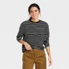 Women's Striped Slim Fit Long Sleeve Round Neck Pocket T-shirt - A New Day Black