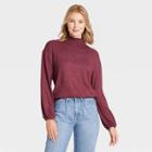 Women's Long Sleeve High Neck Smocked T-shirt - A New Day Burgundy