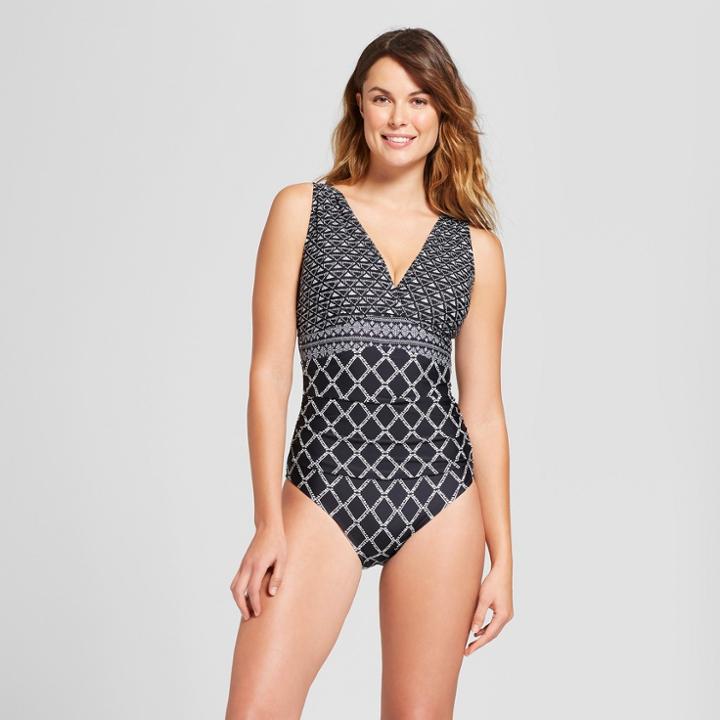 Women's Shirred Cup Size One Piece - Merona Black Print 34c, Black/white