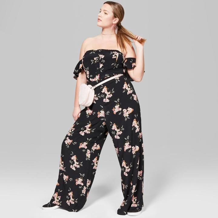 Women's Plus Size Floral Flutter Sleeve Cold Shoulder Jumpsuit - Wild Fable Black