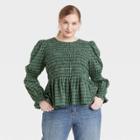 Women's Plus Size Puff Long Sleeve Smocked Blouse - Universal Thread Green Plaid