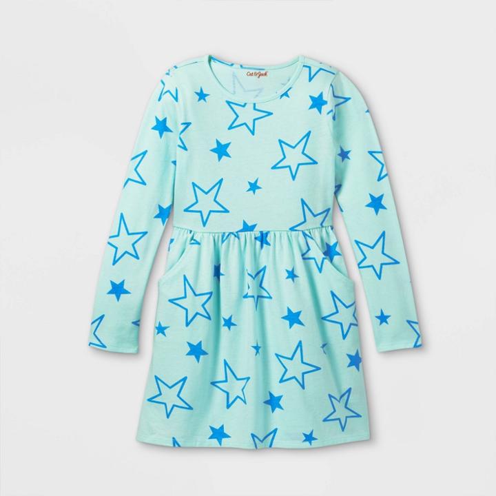 Girls' Printed Long Sleeve Knit Dress - Cat & Jack Light Blue