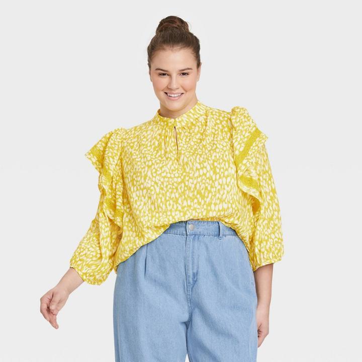 Women's Plus Size Ruffle 3/4 Sleeve Lace Trim Blouse - Who What Wear Yellow Floral
