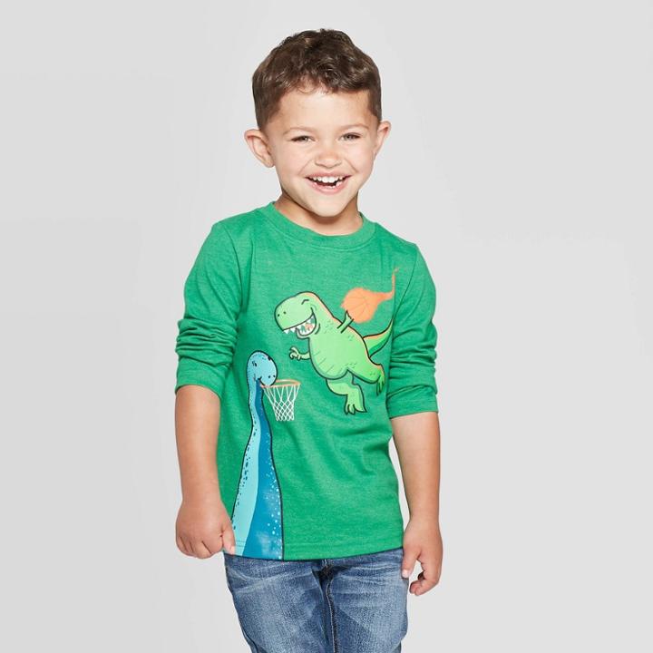 Toddler Boys' Long Sleeve Basketball T-rex Graphic T- Shirt - Cat & Jack Green 12m, Toddler Boy's