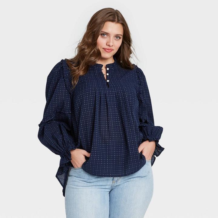 Women's Plus Size Long Sleeve Ruffle Blouse - Universal Thread Navy