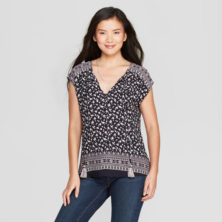 Women's Short Sleeve Floral Print Tassel Popover Top - Knox Rose Navy