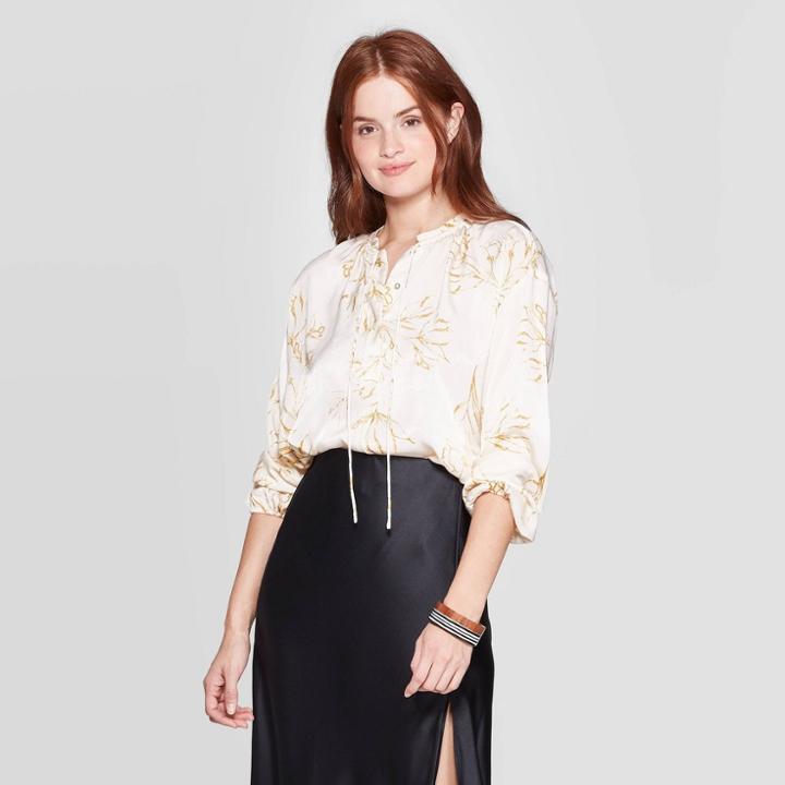 Women's Floral Print Regular Fit Long Sleeve V-neck Popover Blouse - A New Day Cream S, Women's, Size:
