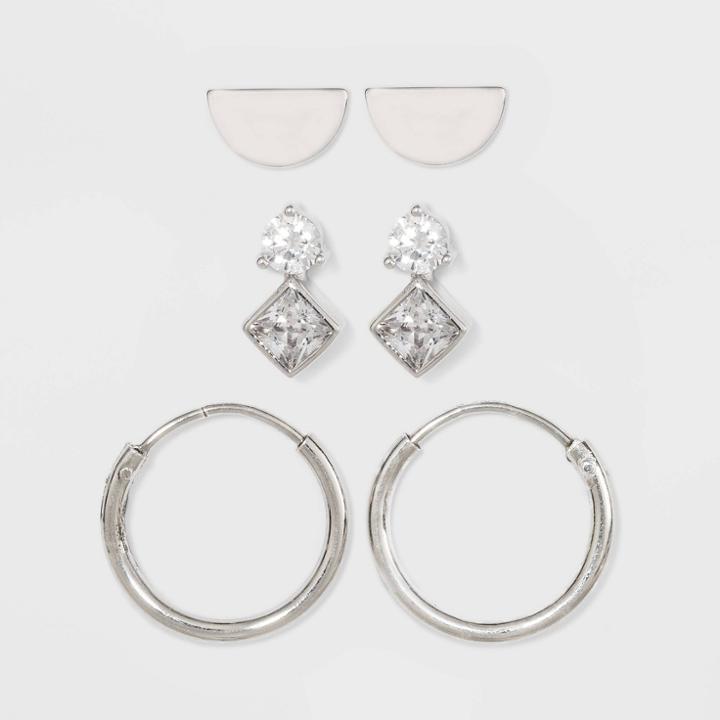 Sterling Silver With Cubic Zirconia Half Circle Modern And Endless Hoop Earring Set 3pc - A New Day Silver, Women's,