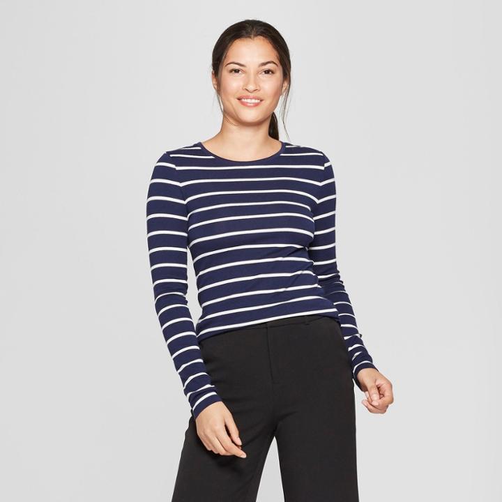 Women's Striped Long Sleeve Fitted Crew T-shirt - A New Day Navy/white (blue/white)