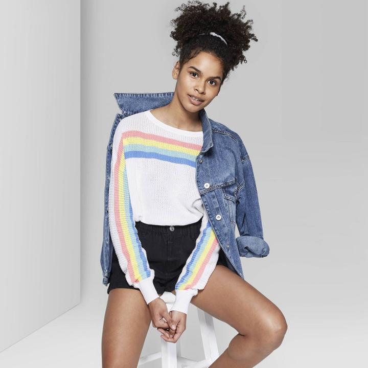 Women's Striped Long Sleeve Rainbow Pullover Sweater - Wild Fable White