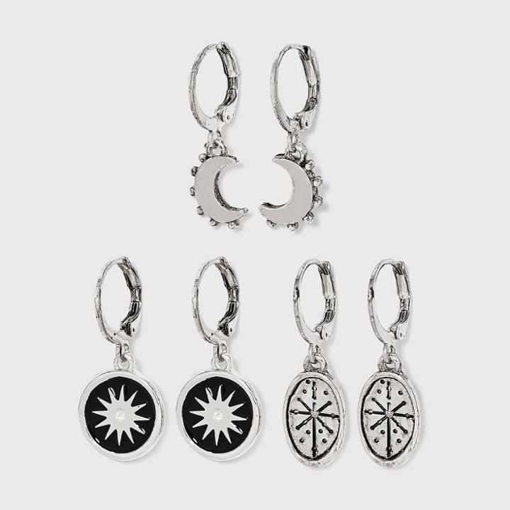 Trio Silver Moon Sun Starburst Huggie Hoop Earring Set - Wild Fable