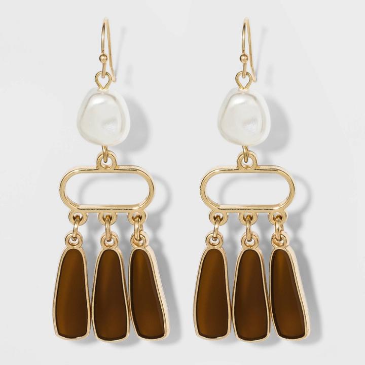 Metal And Pearl Dangle Earrings - A New Day Brown