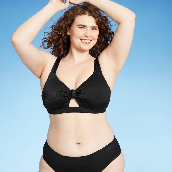 Juniors' Plus Size Ribbed Knot-front Bralette Bikini Top - Xhilaration Black X