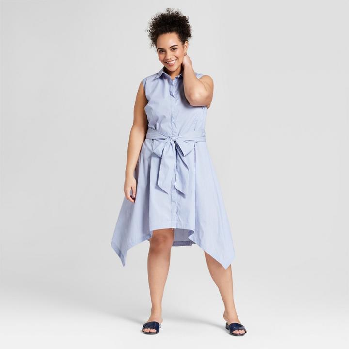 Women's Plus Size Striped Sleeveless Asymmetric Hem Shirt Dress - Who What Wear Blue/white 1x, Blue/white