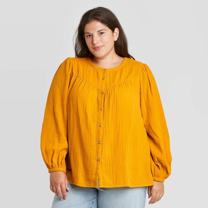 Women's Plus Size Puff Long Sleeve Button-front Blouse - Universal Thread Yellow