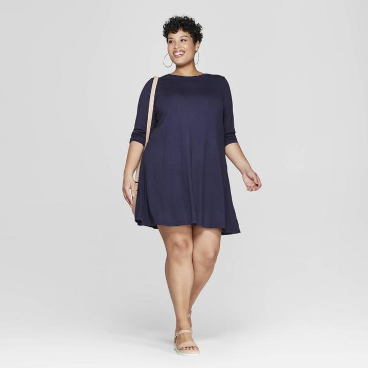 Women's Plus Size Long Sleeve Knit Swing Dress - Ava & Viv Navy (blue)
