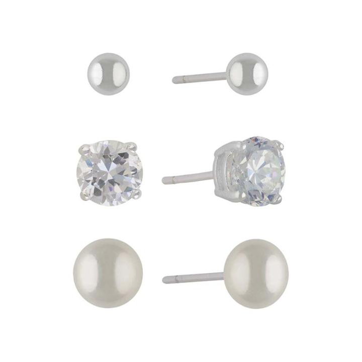 Distributed By Target Sterling Silver Set Of Three Cubic Zirconia Fresh Pearl And Ball Button Earring