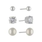 Distributed By Target Sterling Silver Set Of Three Cubic Zirconia Fresh Pearl And Ball Button Earring