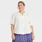 Women's Plus Size Balloon Short Sleeve Button-front Textured Top - Knox Rose White