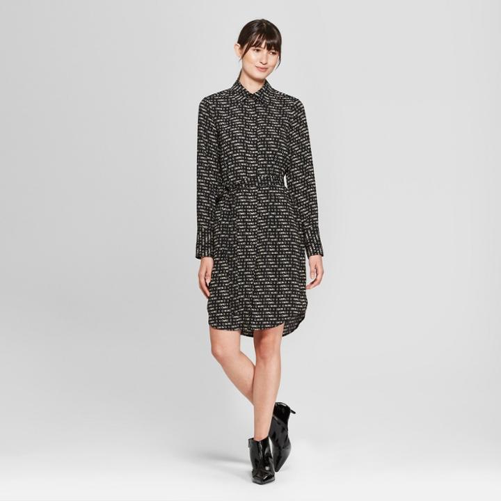 Women's Long Sleeve Collared Shirt Dress - Prologue Geometric Black