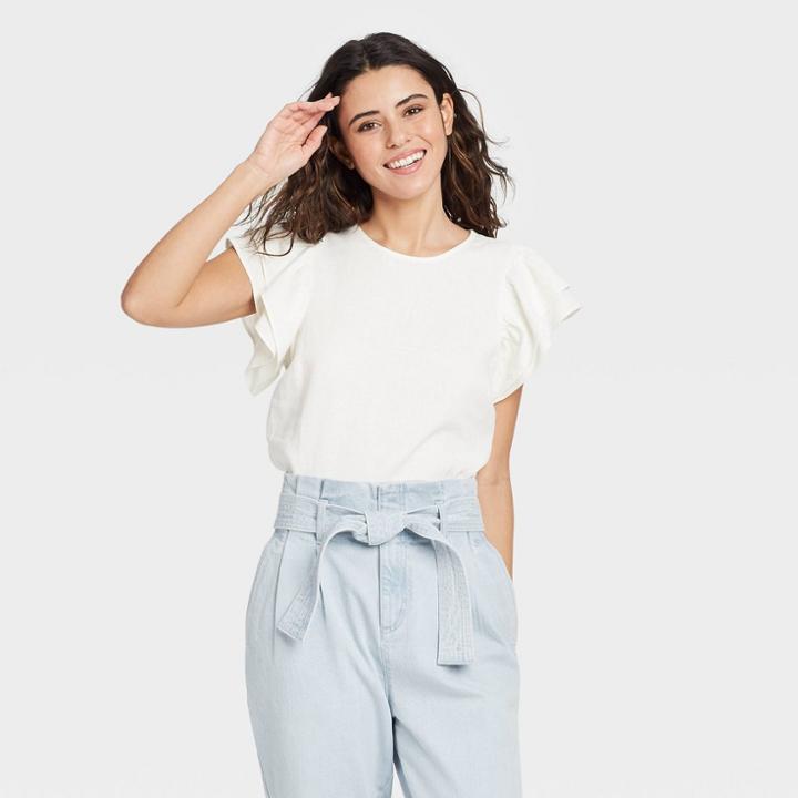 Women's Ruffle Short Sleeve Linen Top - A New Day White
