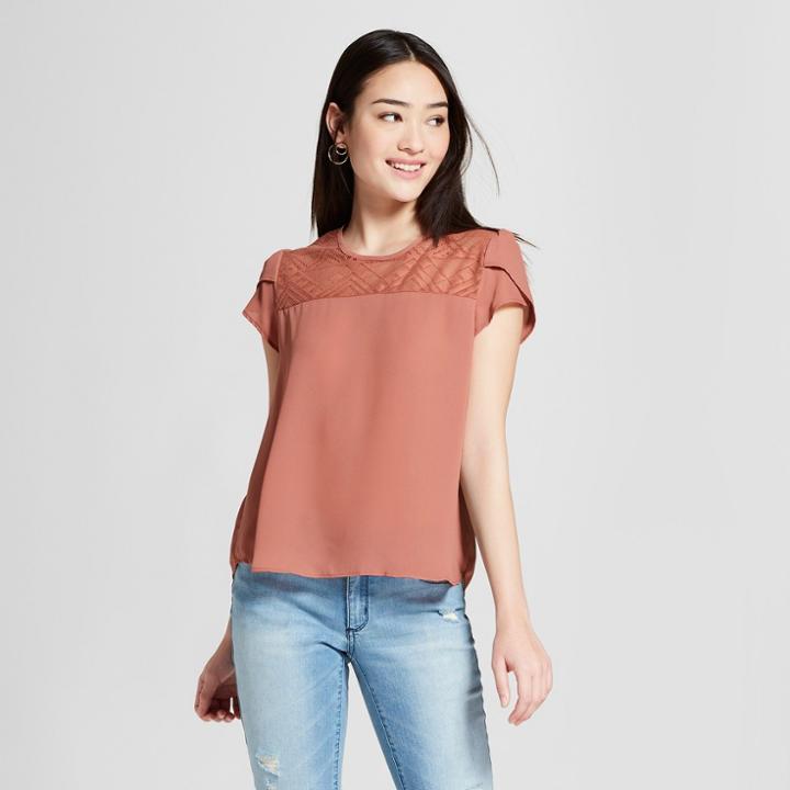 Women's Short Sleeve Lace Yoke Top - Lily Star (juniors') Dusty Rose