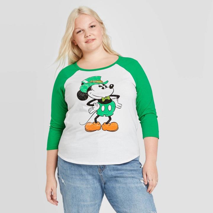 Women's Disney Mickey Plus Size Raglan 3/4 Sleeve T-shirt (juniors') - White 1x, Women's,