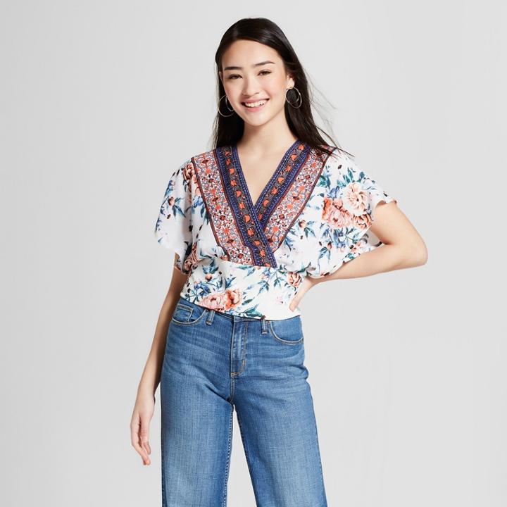 Women's Floral Print Short Sleeve Faux Wrap Top - 3hearts (juniors') Ivory