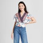 Women's Floral Print Short Sleeve Faux Wrap Top - 3hearts (juniors') Ivory