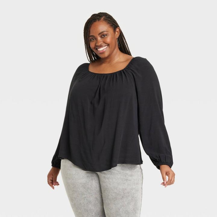 Women's Plus Size Balloon Long Sleeve Blouse - Ava & Viv Black