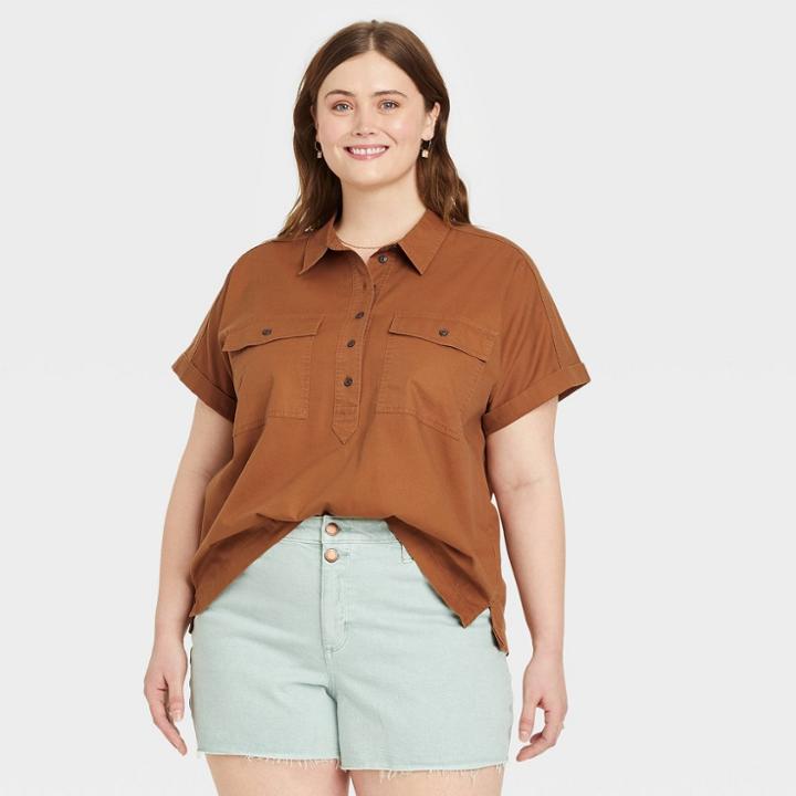Women's Plus Size Dolman Short Sleeve Utility Button-down Shirt - Universal Thread Brown