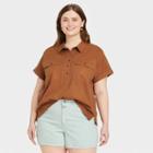 Women's Plus Size Dolman Short Sleeve Utility Button-down Shirt - Universal Thread Brown