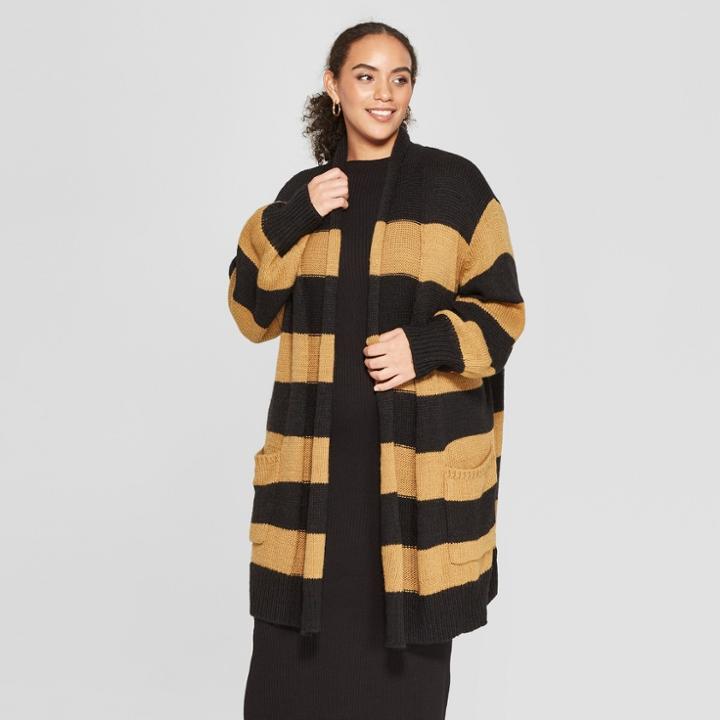 Women's Plus Size Striped Long Sleeve Cardigan - Who What Wear Black