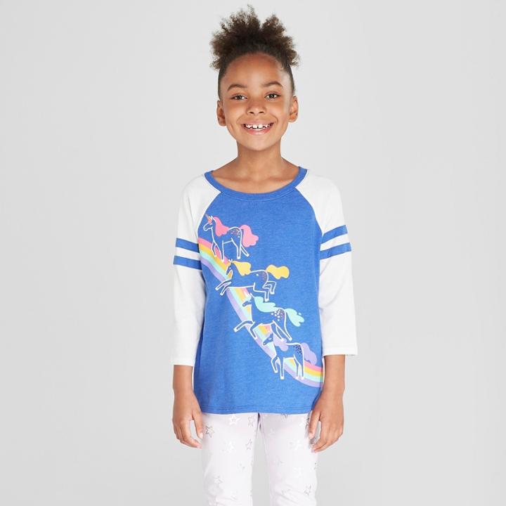 Girls' Unicorn Baseball 3/4 Sleeve T-shirt - Cat & Jack Blue