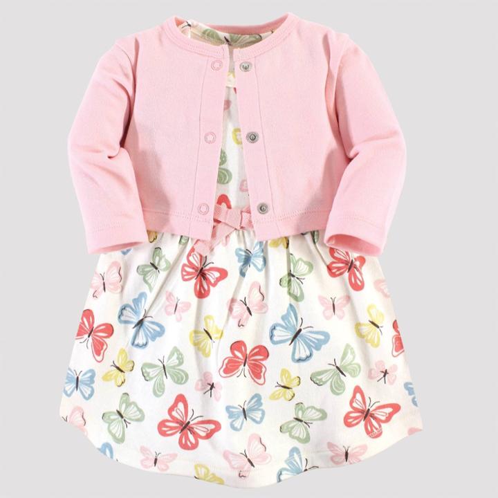 Touched By Nature Toddler Girls' Butterflies Organic Cotton Dress & Cardigan - Pink/white 3t, Girl's, Butterflies - Pink/white
