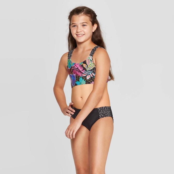 Girls' Neon Jungle Rash Guard Bikini Set - Art Class Black