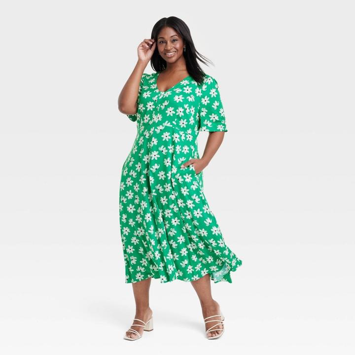 Women's Short Sleeve Button-front Shirtdress - Ava & Viv Green Floral