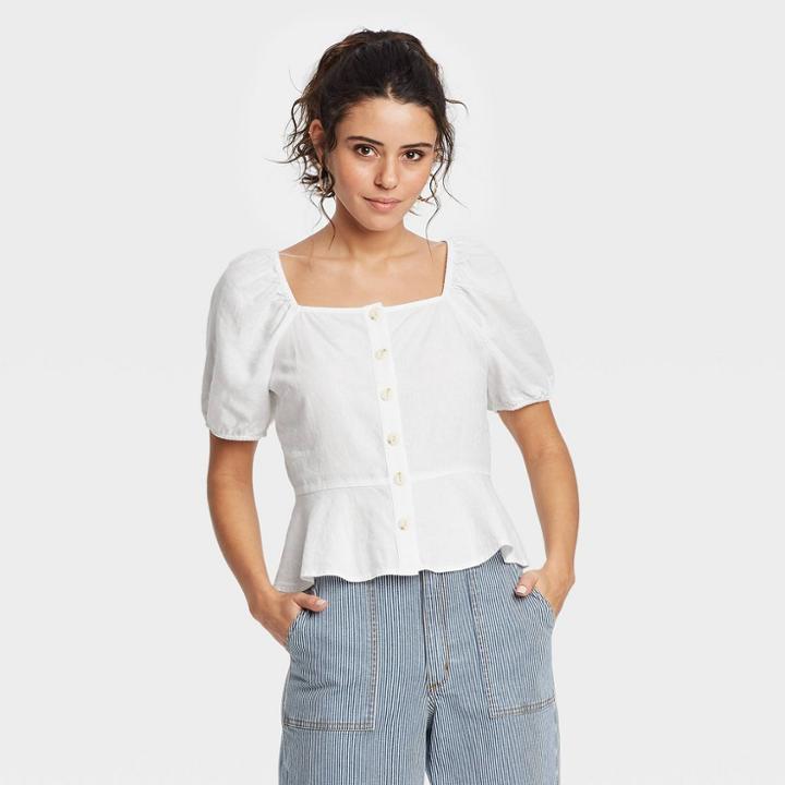 Women's Puff Short Sleeve Peplum Blouse - Universal Thread White