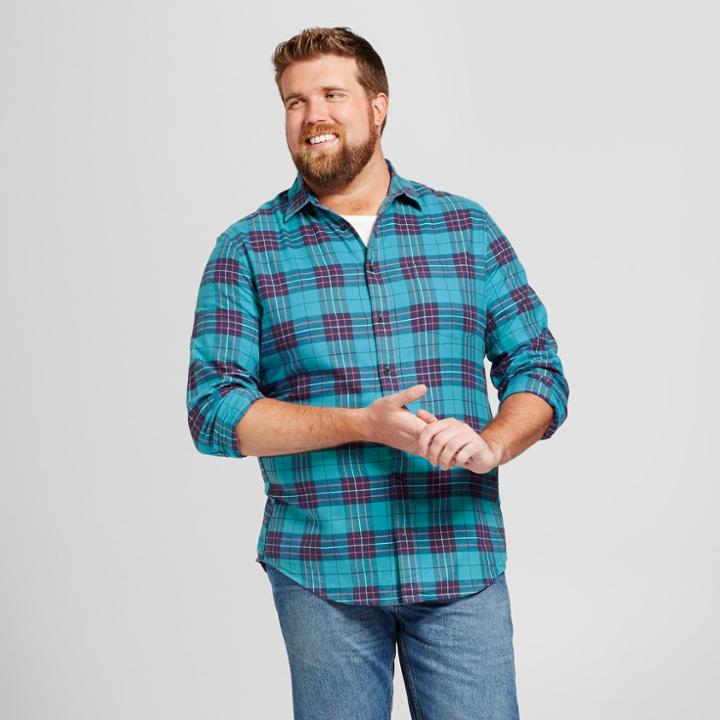 Men's Tall Long Sleeve Lightweight Flannel Button-down Shirt - Goodfellow & Co Cyber Turquoise